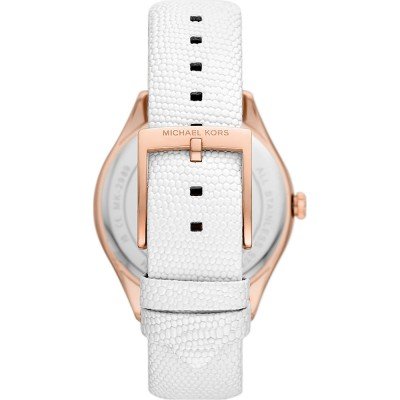 Michael Kors MK2989 Harlowe watch caseback showing rose gold case and white leather strap