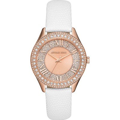 Michael Kors MK2989 Harlowe watch with rose gold case and white leather strap