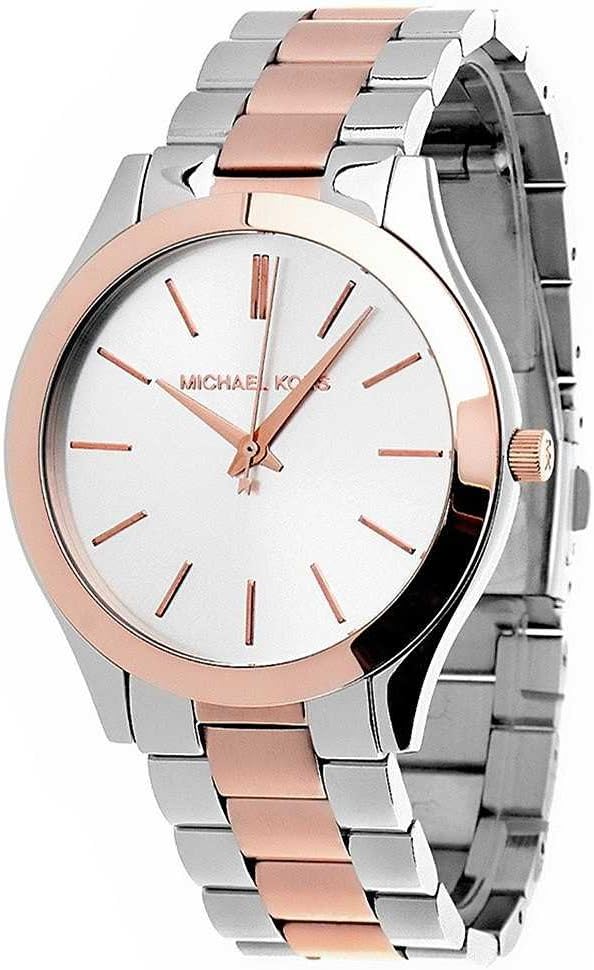 Michael Kors MK3204 watch at angle showing two-tone bracelet and case design