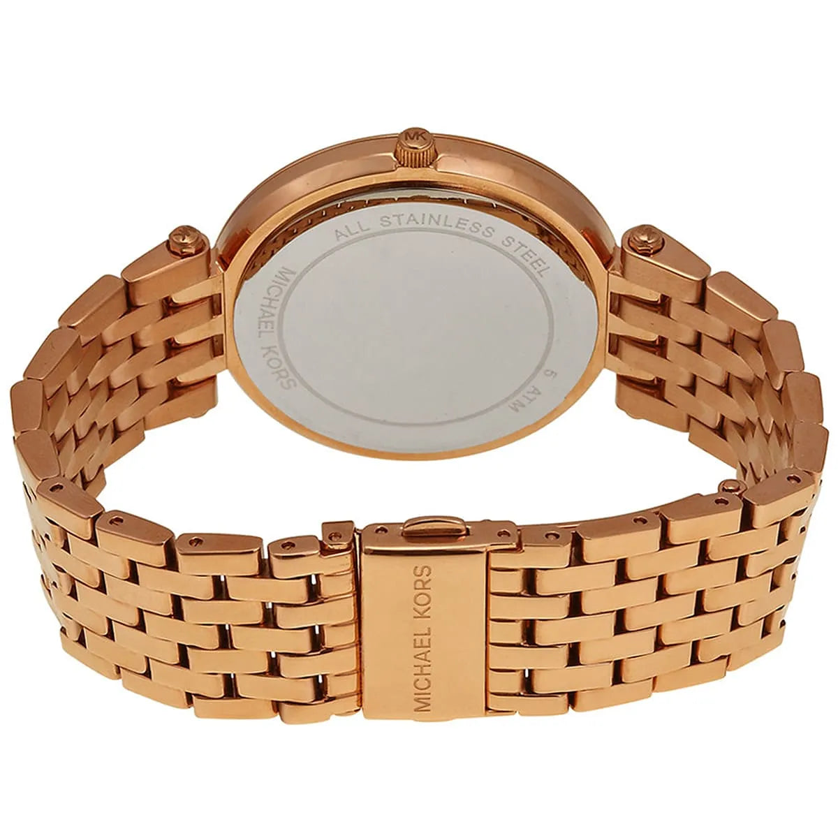 Michael Kors MK3378 rose gold watch caseback view with stainless steel strap