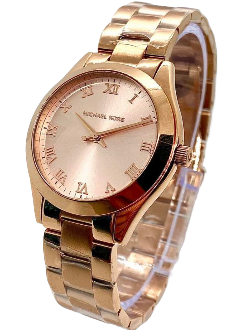 Michael Kors MK3457 rose gold watch shown at angle with roman numeral dial and rose gold link strap