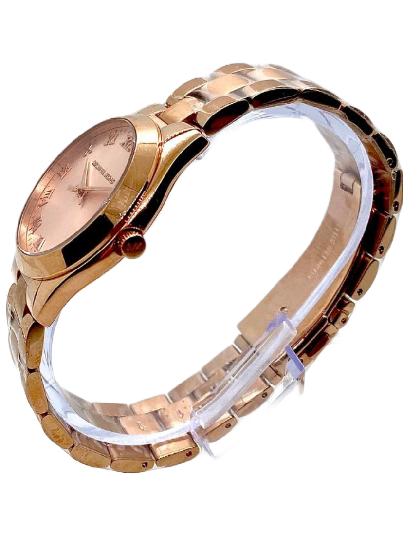 Michael Kors MK3457 ladies watch side view showing rose gold case and bracelet profile