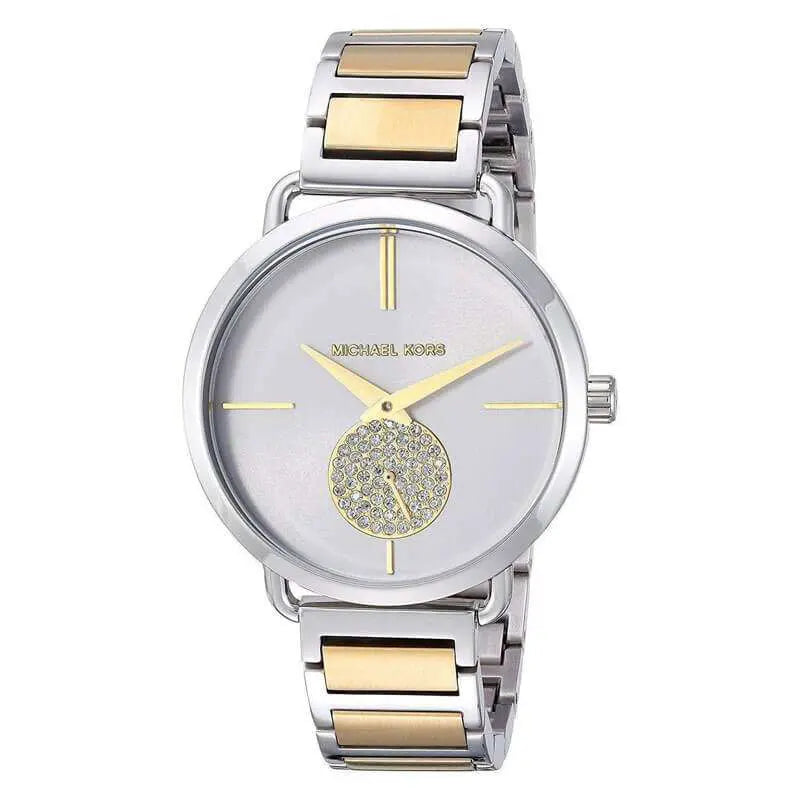 Michael Kors MK3679 silver and gold-tone ladies watch with lavender dial and crystal subdial