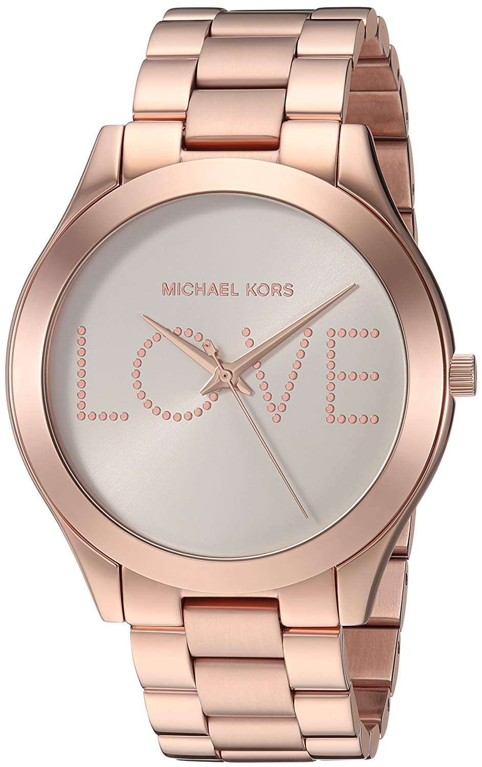 Michael Kors rose gold slim runway women's watch with MK logo dial and rose gold metal band