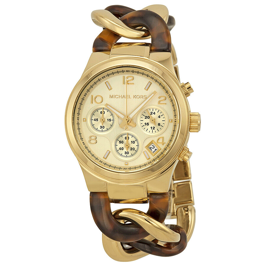 Michael Kors MK4222 gold-tone chronograph watch with tortoise-print acrylic chain link strap