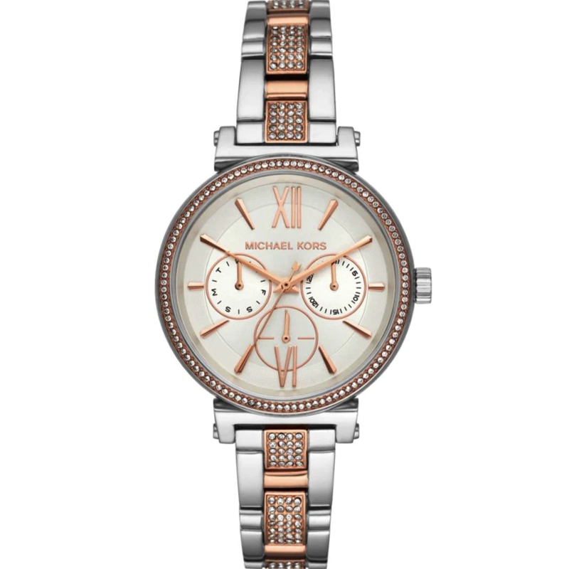 Michael Kors MK4353 two-tone ladies watch with crystal bezel and silver and rose gold bracelet