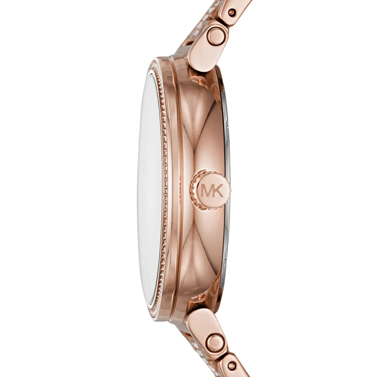 Michael Kors MK4354 Sofie watch side profile showing rose gold case and crystal bezel