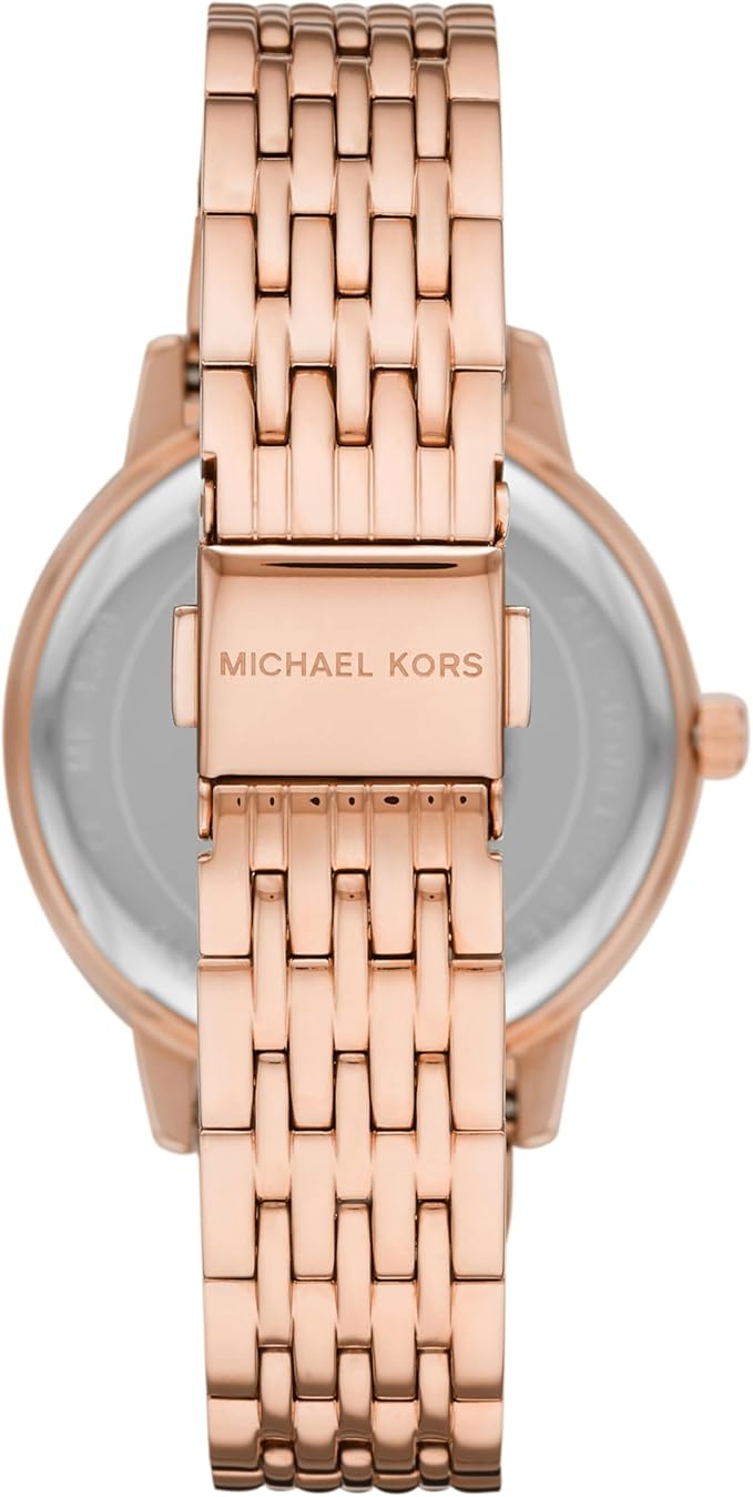 Michael Kors MK4369 caseback view with rose gold link bracelet and Michael Kors branding