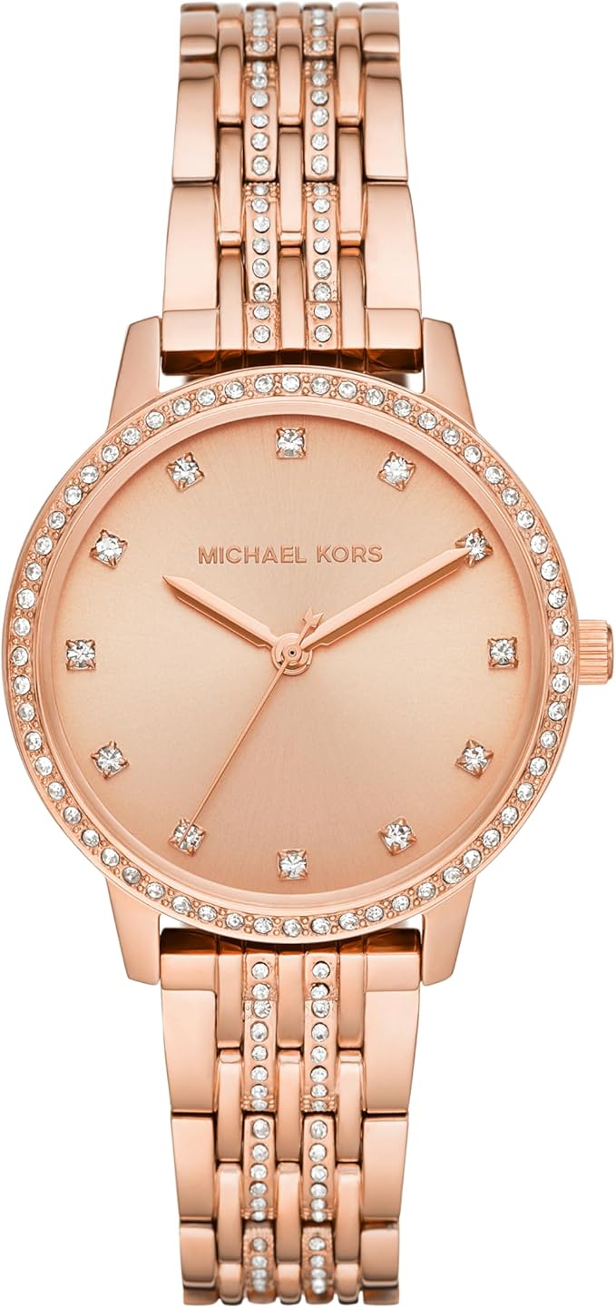 Michael Kors MK4369 rose gold women's watch with crystal-bezel, champagne dial, and link bracelet