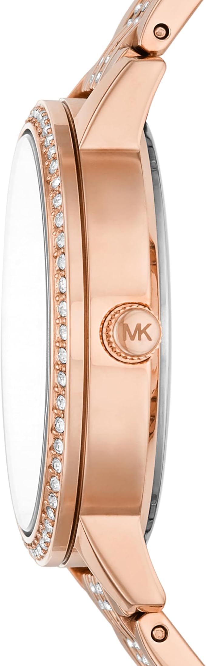 Michael Kors MK4369 side profile showing rose gold case thickness and link bracelet with crystals