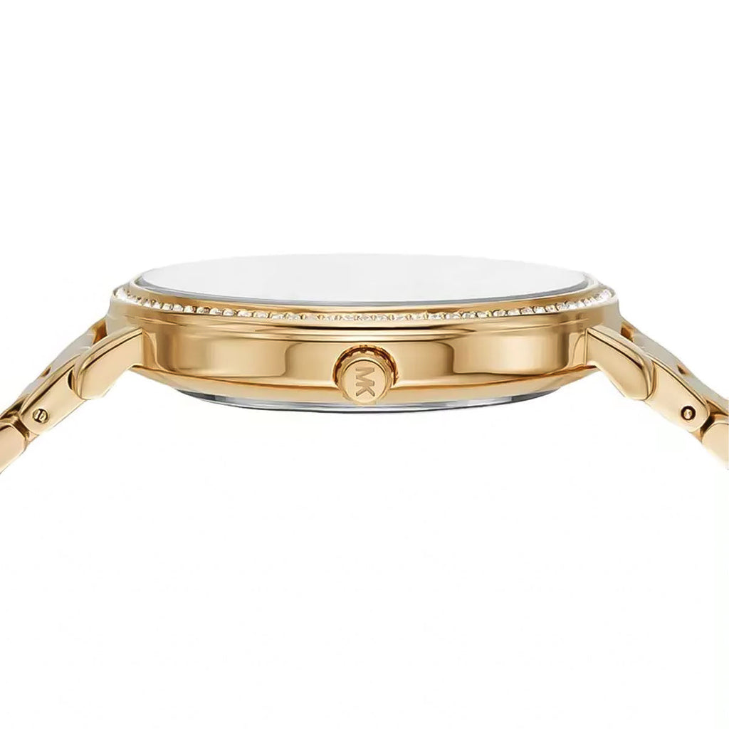 Michael Kors MK4371 watch side profile showing gold-tone case and crystal bezel