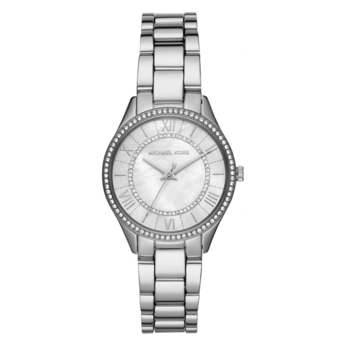 Michael Kors Lauryn silver-tone women's watch with crystal bezel and white dial