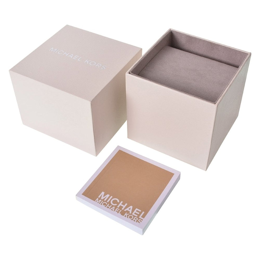 Michael Kors Raquel Pavé watch displayed with brand box and cloth pouch