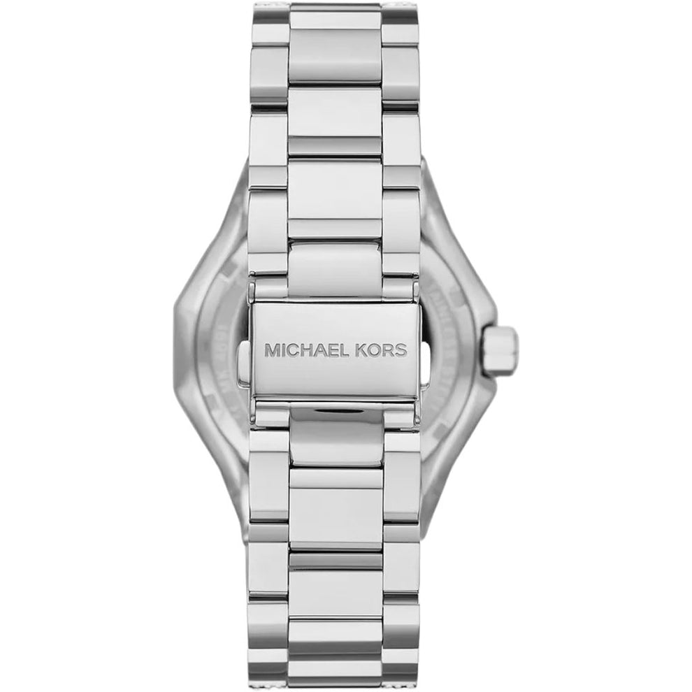 Back view of Michael Kors Raquel Pavé watch showing silver bracelet links and Michael Kors branding