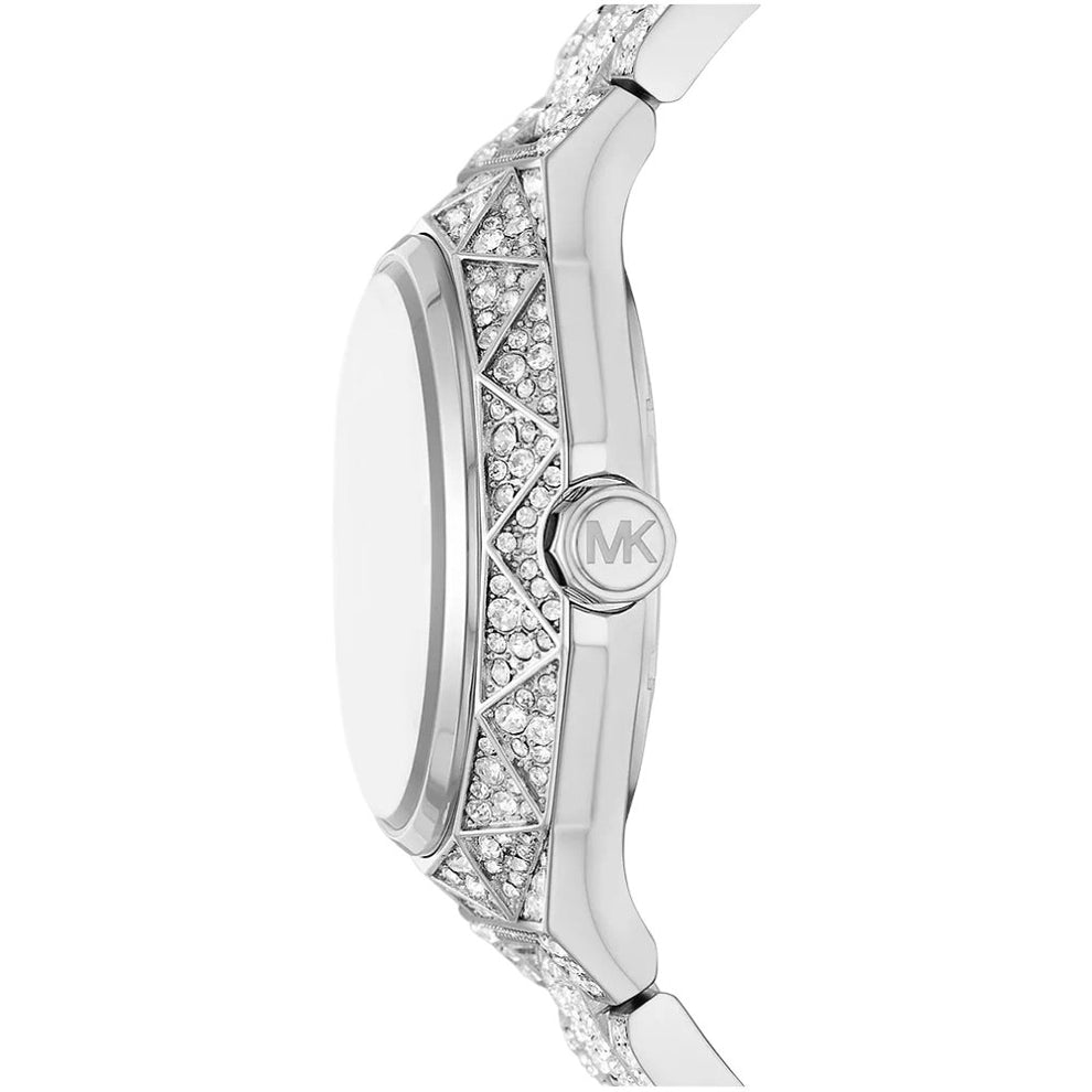 Side profile of Michael Kors Raquel Pavé showing crystal-studded bracelet and case design
