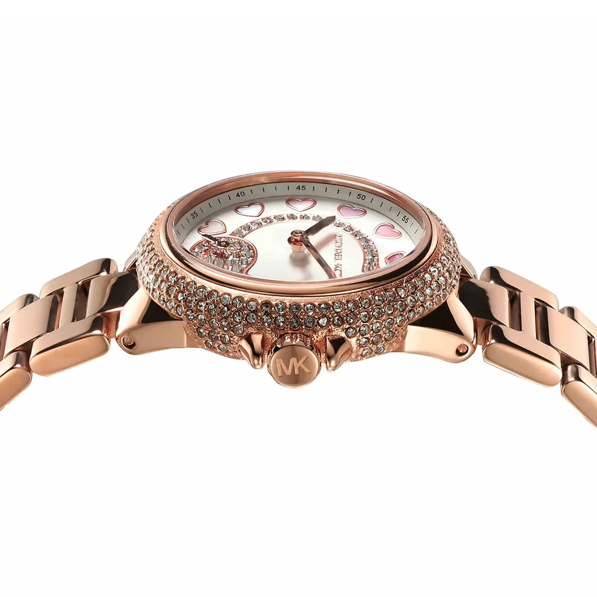 MK4700 dial detail showing heart motifs and rose gold hands on crystal-set watch