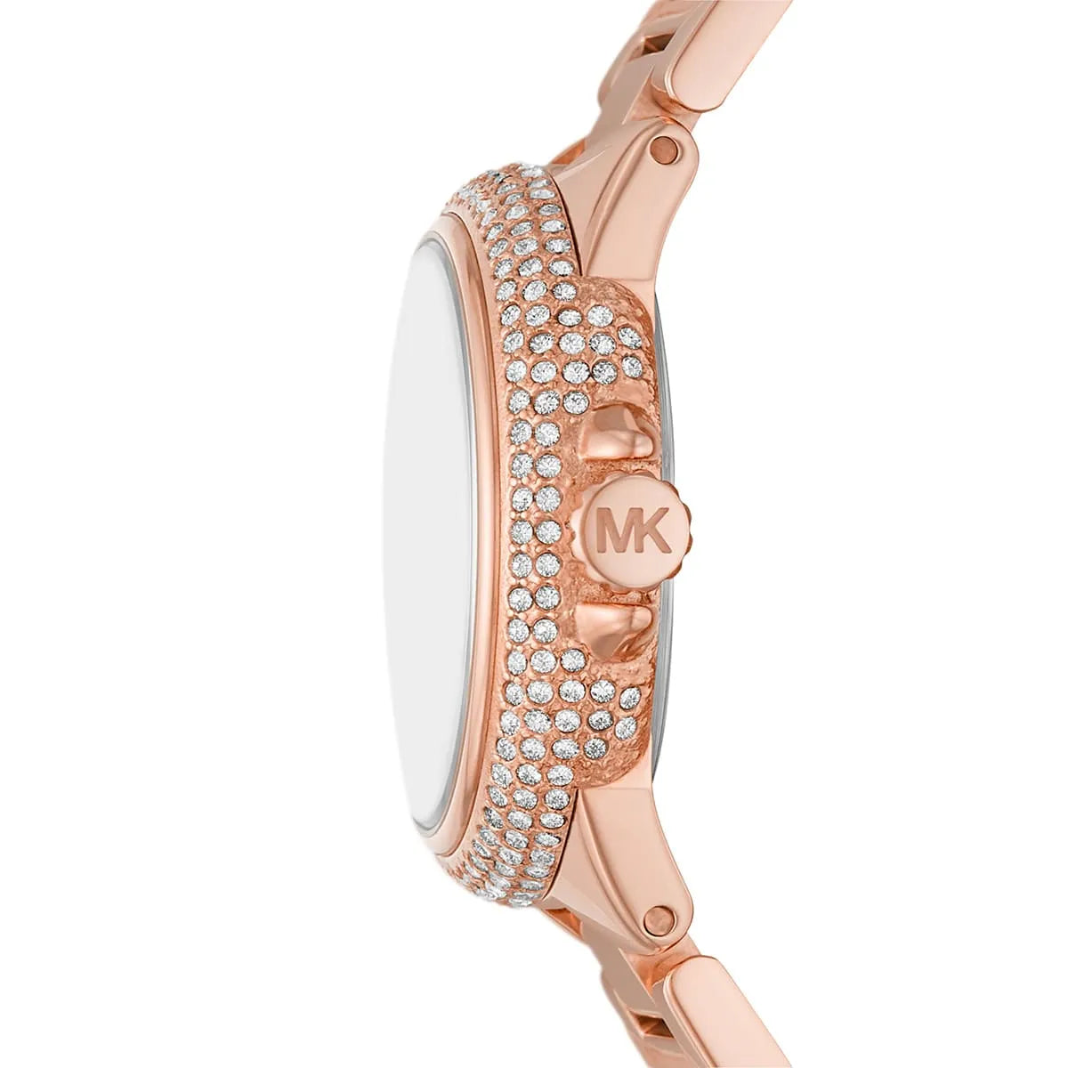 MK4700 side profile of rose gold watch with crystal bezel and MK logo crown