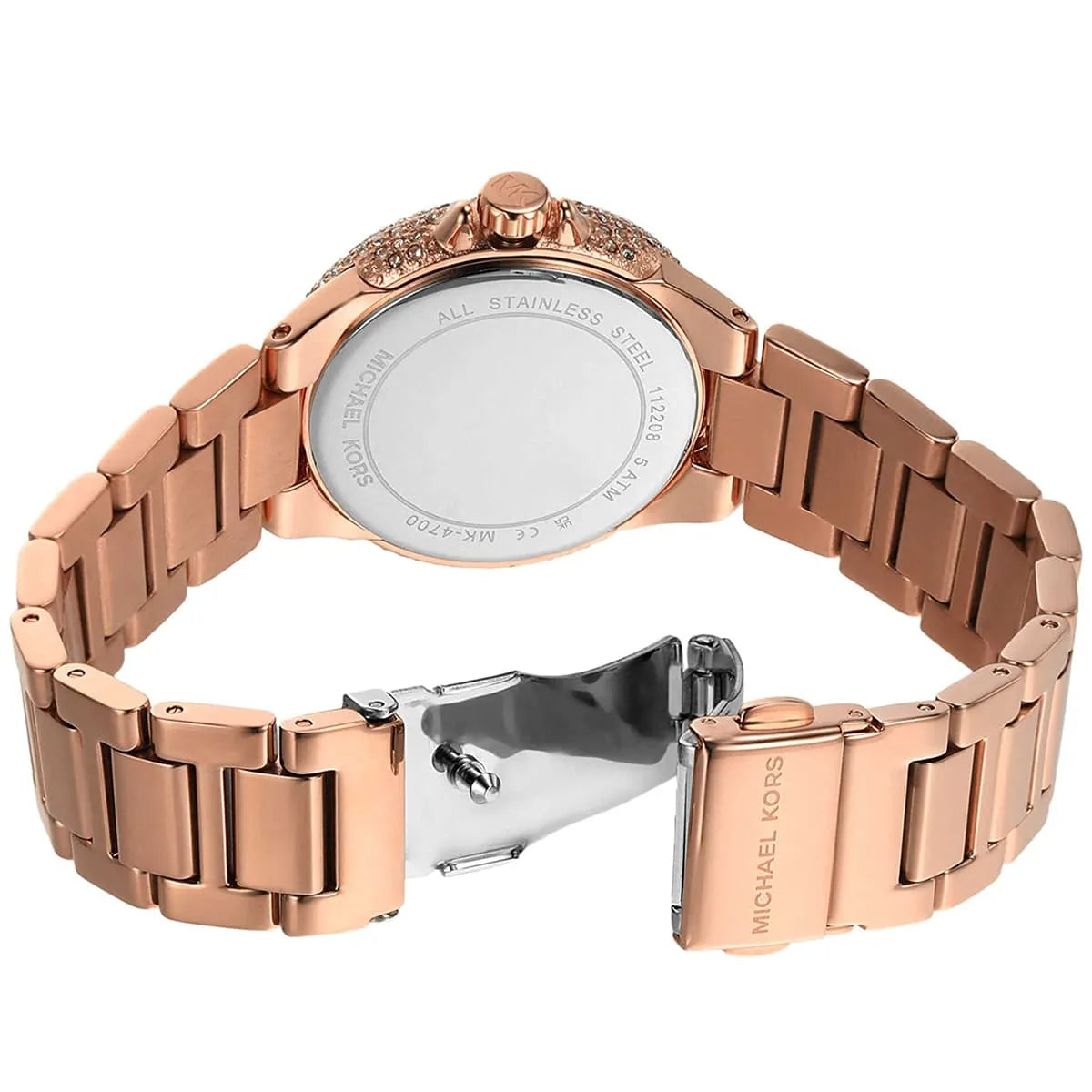 MK4700 rose gold link bracelet and deployment clasp shown from rear view
