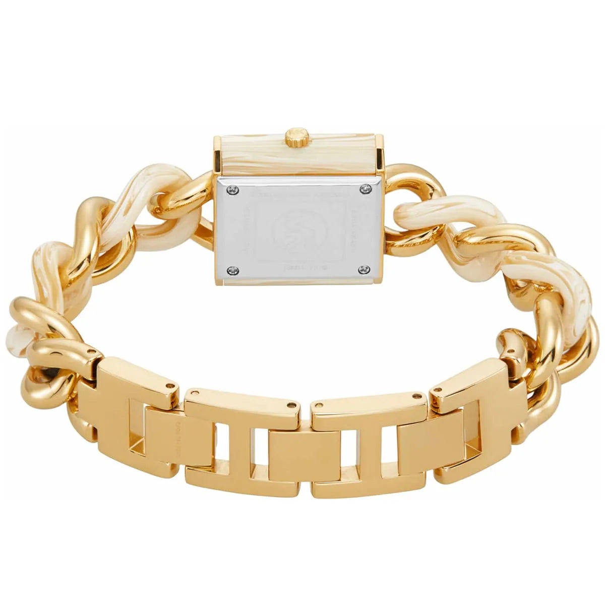 Michael Kors Chain Lock watch caseback showing stainless steel construction