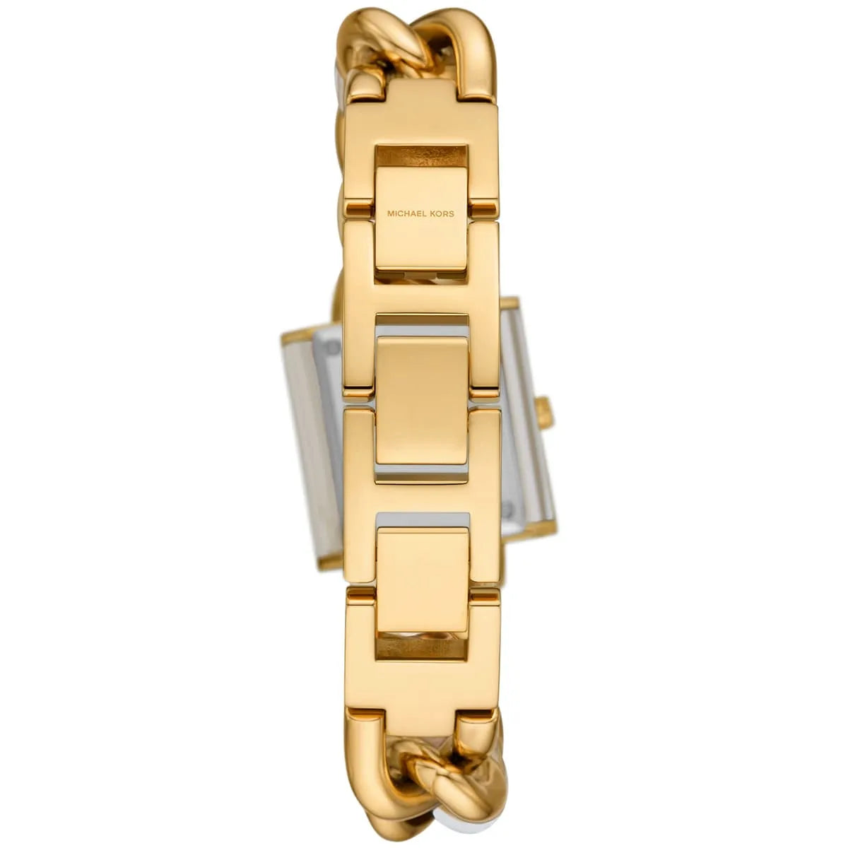 Michael Kors Chain Lock watch dial detail with MK logo and crystal elements