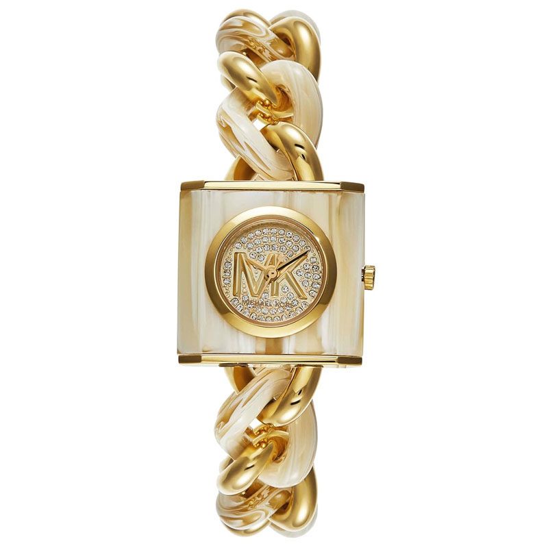 Michael Kors Chain Lock Analog Crystals Silver Dial Gold Steel Strap Watch for Women - MK4809