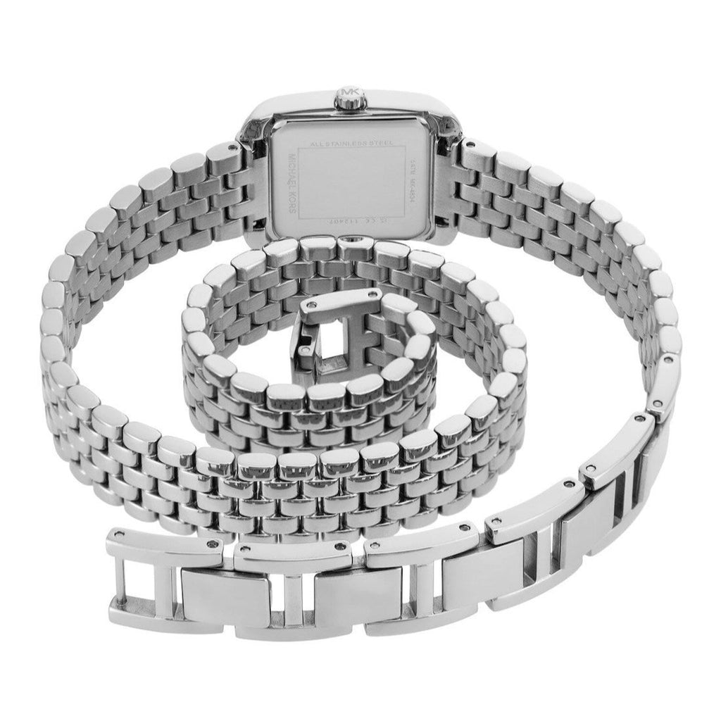 Michael Kors Petite Emery watch displayed flat showing full double wrap design