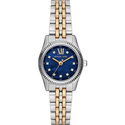 Michael Kors MK4865 Petite Lexington two-tone watch with blue dial, Roman numerals, and diamond accents