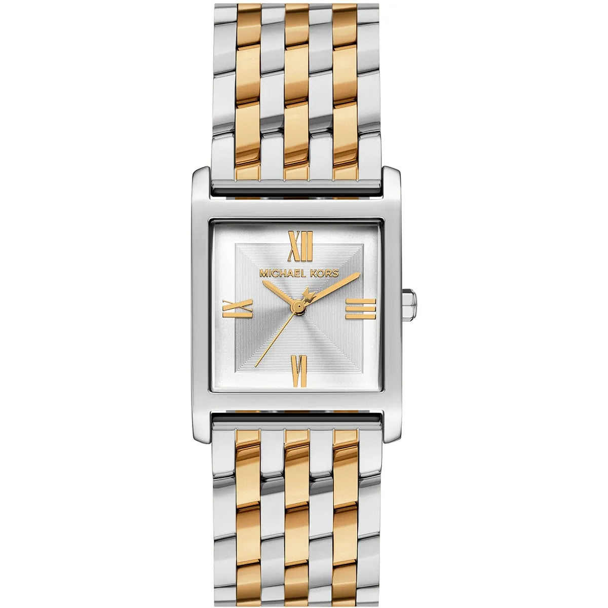 Square-shaped Michael Kors Georgie watch featuring silver dial with gold Roman numerals and two-tone metal strap