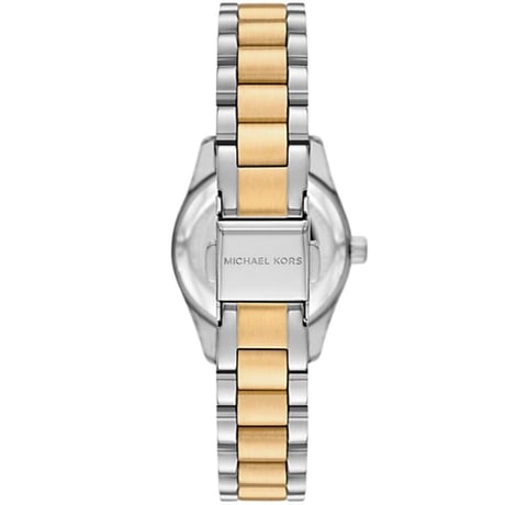 Caseback view of Michael Kors MK4953 Mini Lexington watch with engraved branding and two-tone bracelet