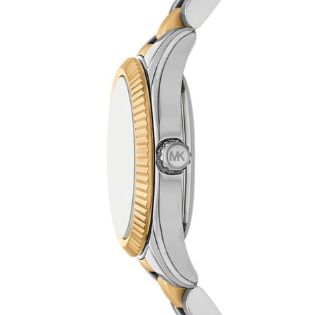 Side profile of MK4953 Mini Lexington watch showing textured gold-tone bezel and two-tone bracelet
