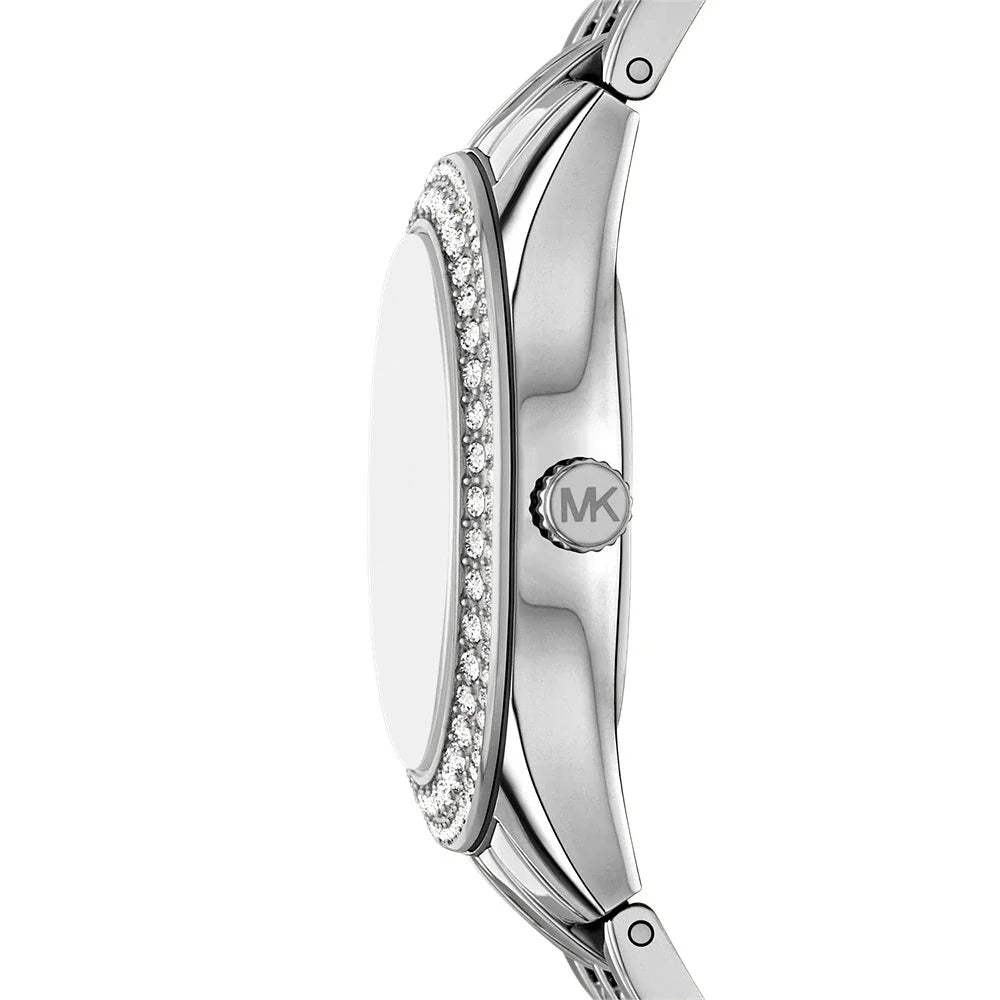 Michael Kors MK4975 women's watch side profile showing crystal-embellished bezel and bracelet