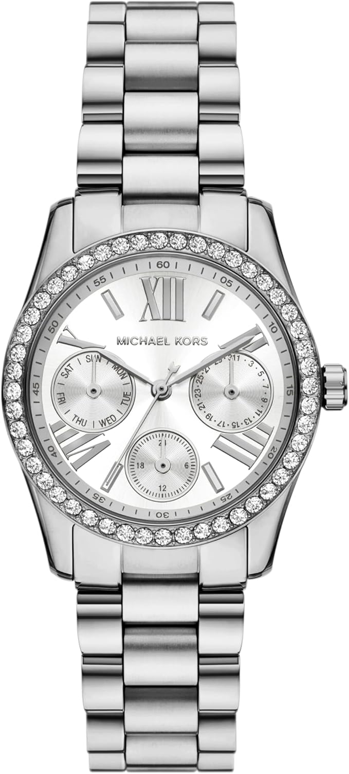 Michael Kors MK4979 stainless steel women's watch with crystal bezel and white multifunction dial