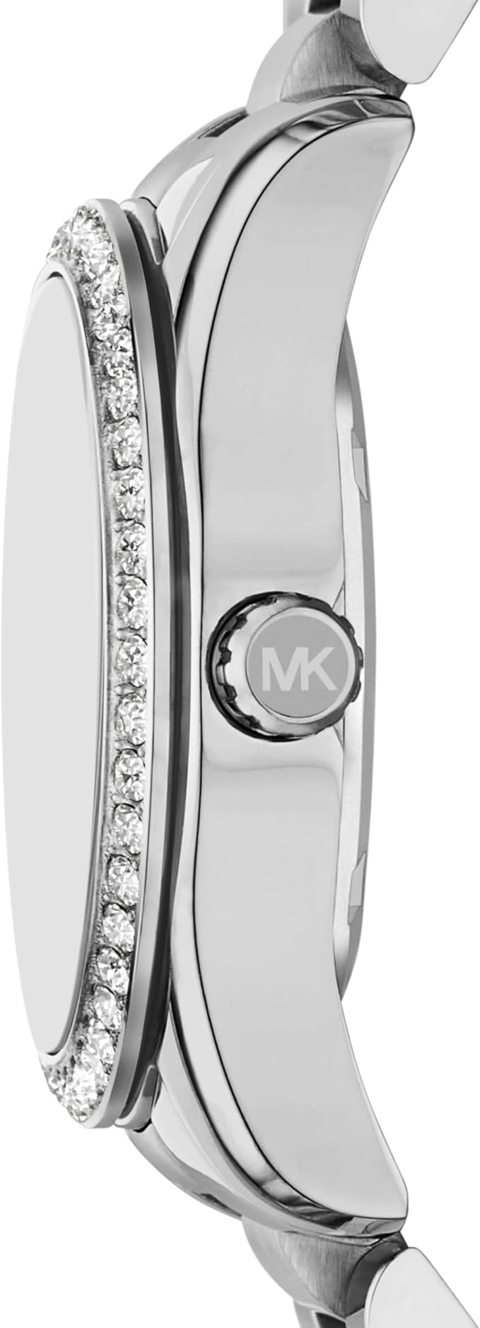 Michael Kors MK4979 side profile showing crystal-set bezel and stainless steel case thickness