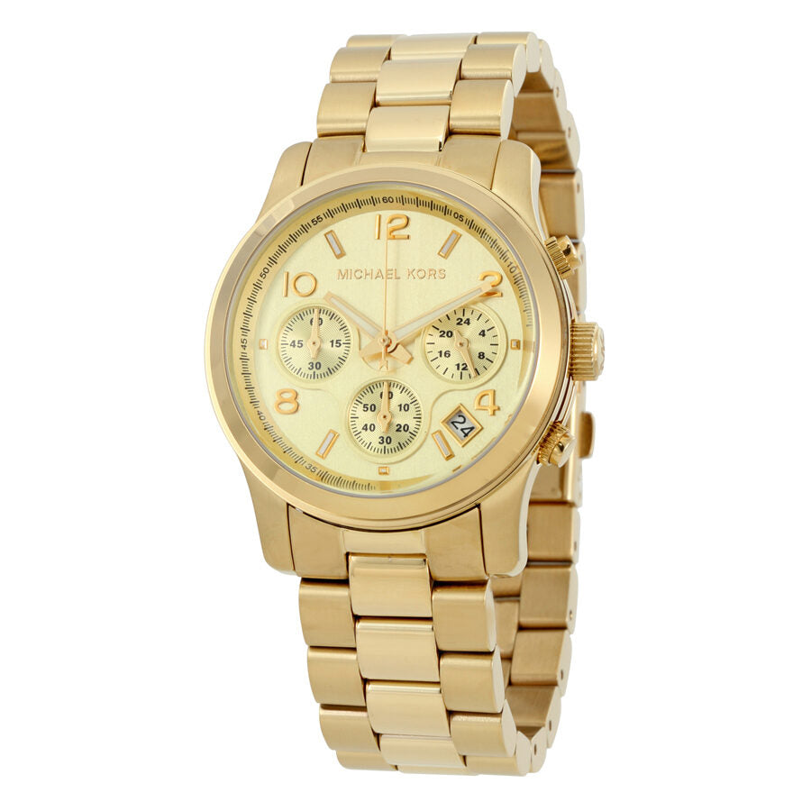Michael Kors Runway MK5055 gold chronograph watch with cream dial and three subdials