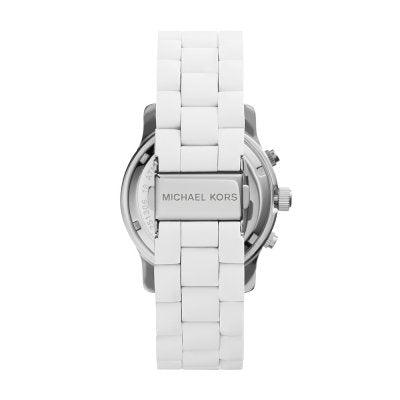 Michael Kors MK5145 caseback view showing white ceramic strap with stainless steel case