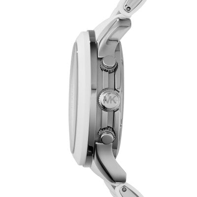 Side profile of Michael Kors MK5145 showing chronograph pushers and mixed metal case