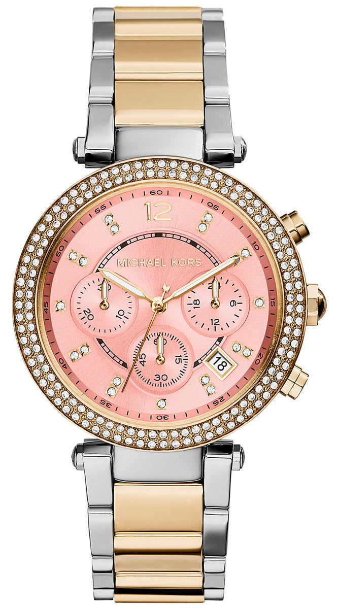 Michael Kors MK6140 rose gold ladies chronograph watch with pink dial and diamond bezel