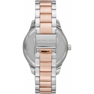 Michael Kors MK6849 Layton watch caseback showing silver and rose gold two-tone bracelet