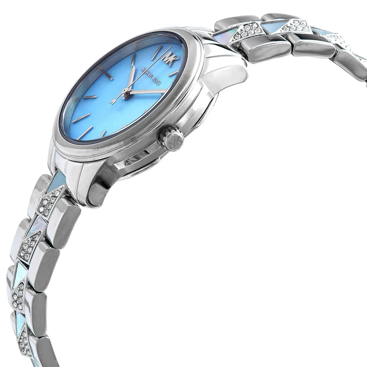 Side view of Michael Kors Runway Mercer watch showing profile of case and crystal-embellished strap