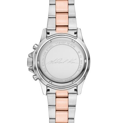 Michael Kors MK6975 Everest watch back view with chronograph pushers and engraved caseback