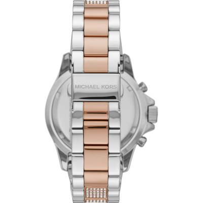 Michael Kors MK6975 Everest watch caseback showing two-tone stainless steel and rose gold strap