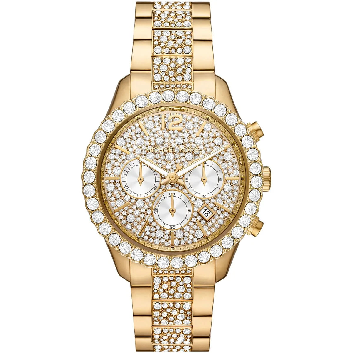 Michael Kors MK6977 gold chronograph watch with crystal-embellished dial and bezel