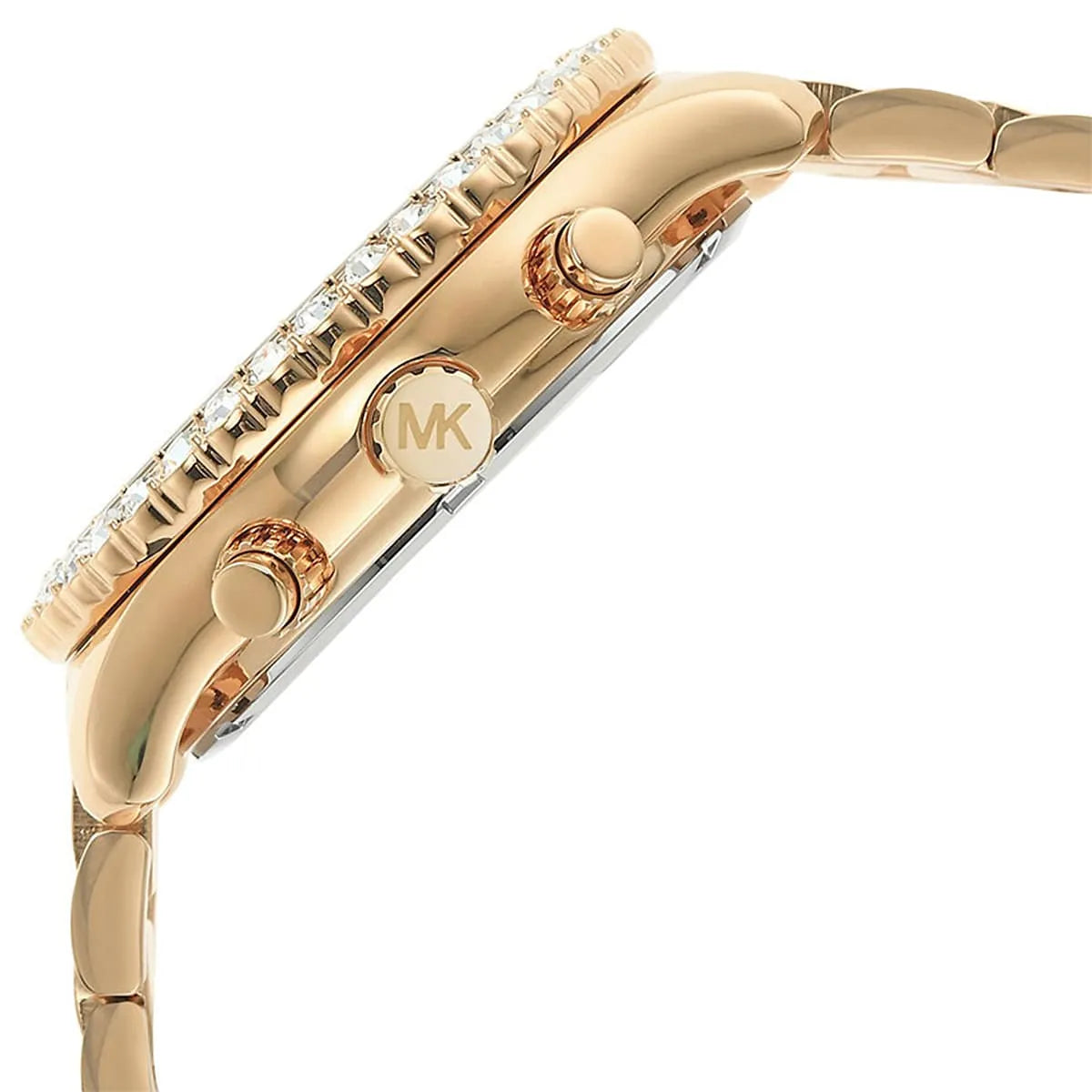 MK6977 side profile detail showing case, chronograph pushers, and MK branding