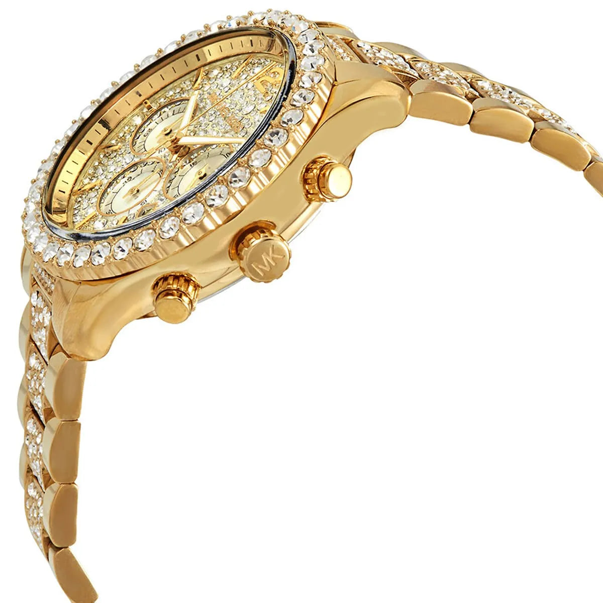 MK6977 side view of gold chronograph with three pushers and crystal bracelet
