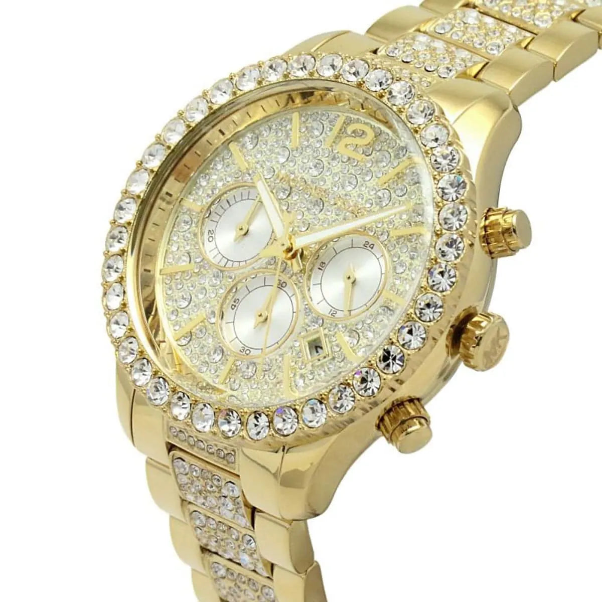 MK6977 three-quarter view with crystal-set dial, three subdials, and gold bracelet