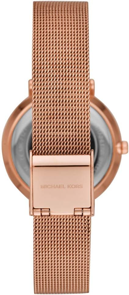 Michael Kors MK7122 watch case back showing rose gold stainless steel with mesh strap