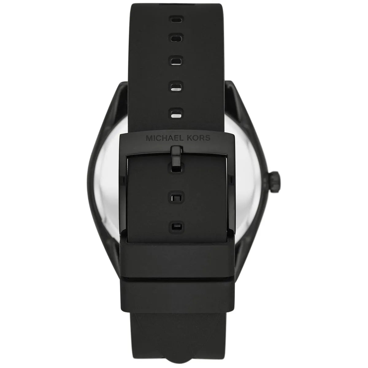 Michael Kors MK7138 watch back showing black rubber strap and adjustable links