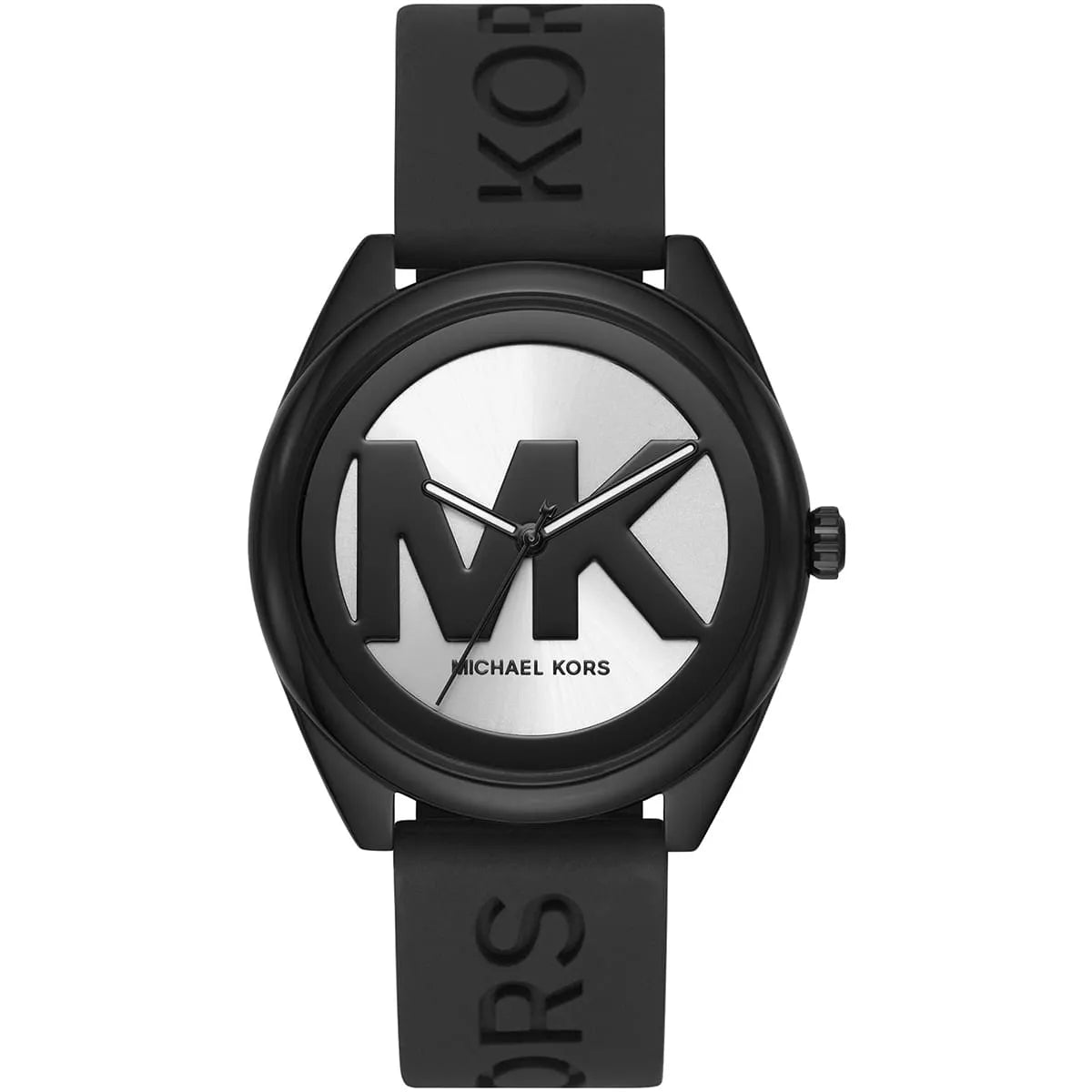 Michael Kors MK7138 watch front view showing silver dial with large MK logo and black strap