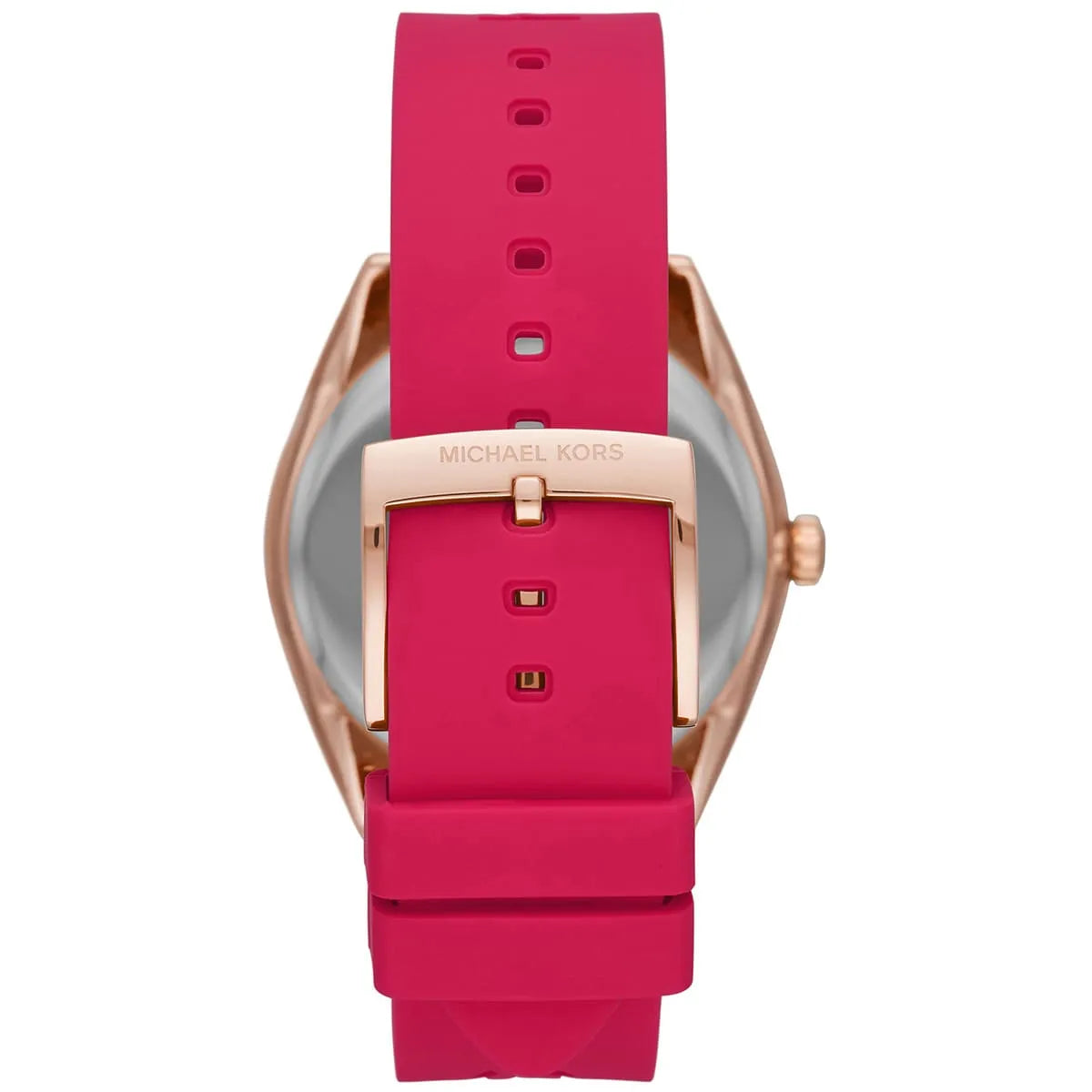 Michael Kors Janelle watch caseback view showing red rubber strap and MK logo on case
