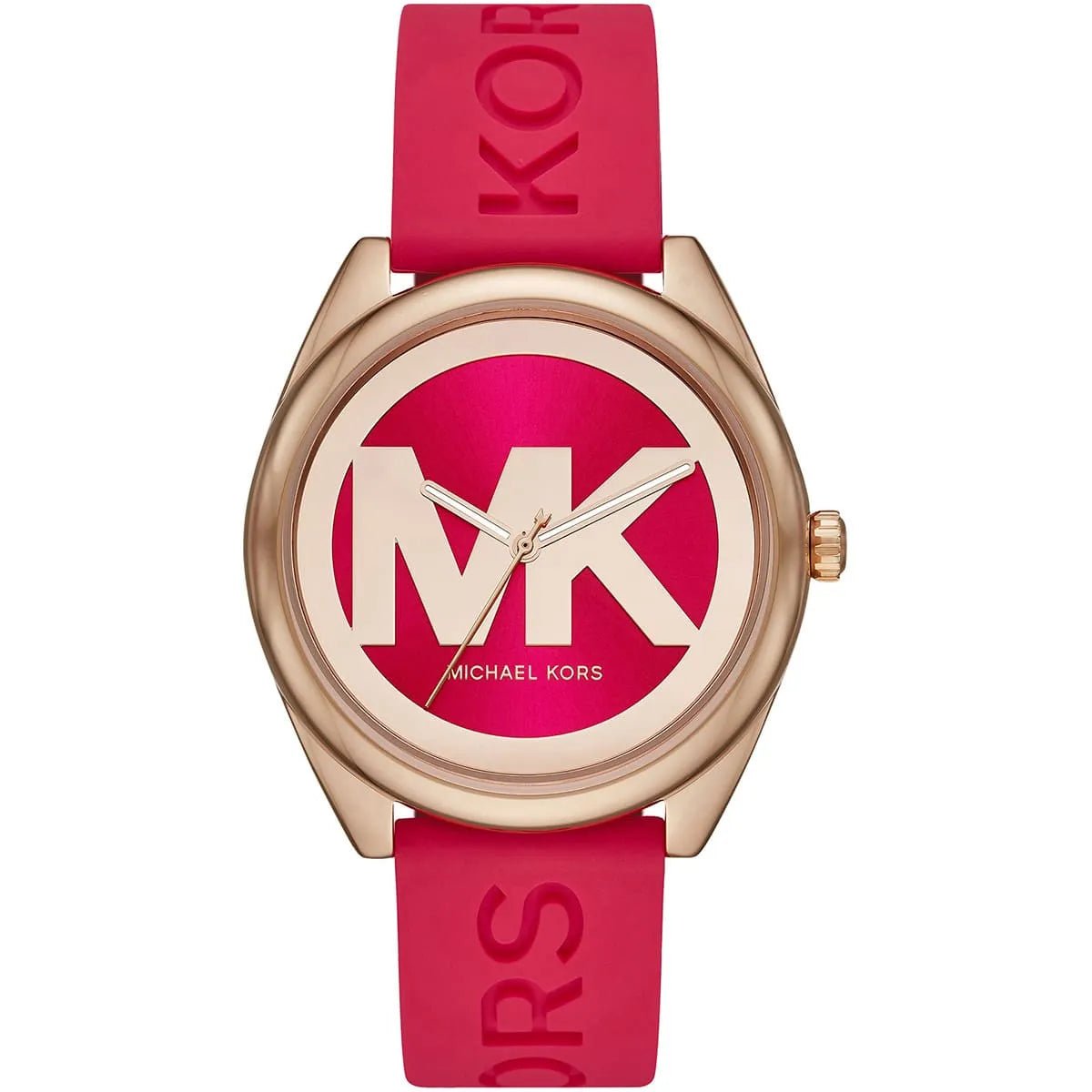Michael Kors Janelle watch front view with MK logo on red dial and rose-tone three-hand movement